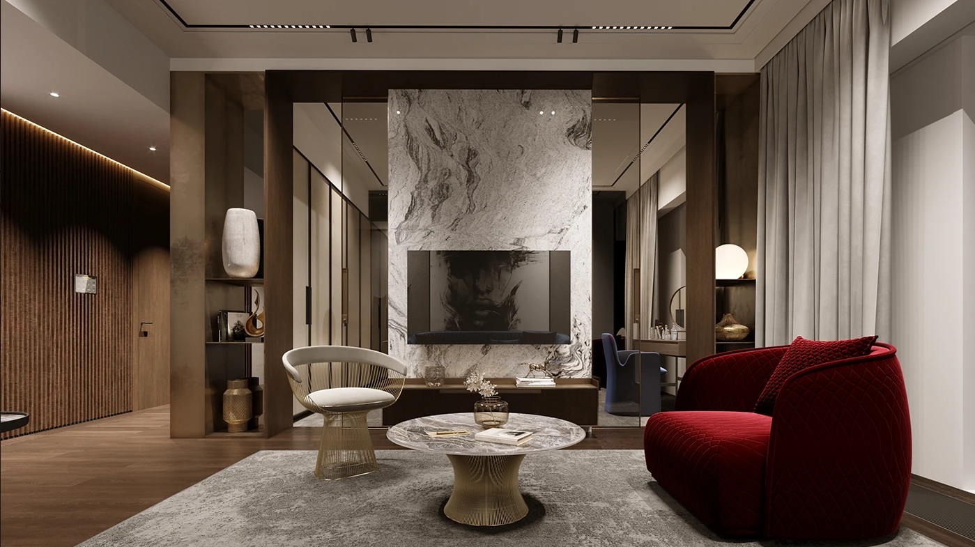 Інтер’єр апартаментів у Варшаві, 3D дизайн, вітальня, 3D візуалізація